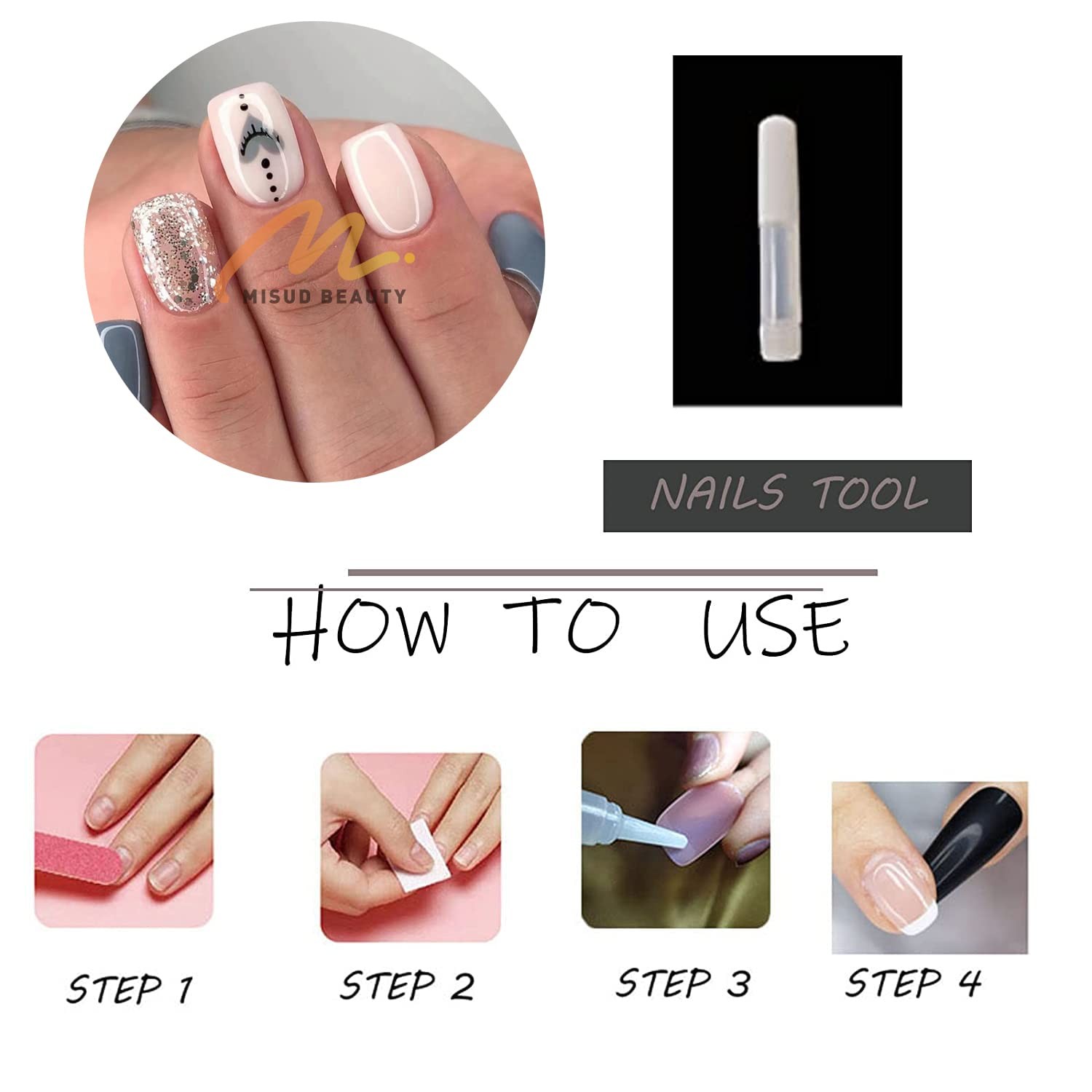 Press on Nails – Short Square Fake Nails with Gray Blue, Acrylic Bling Glitte…