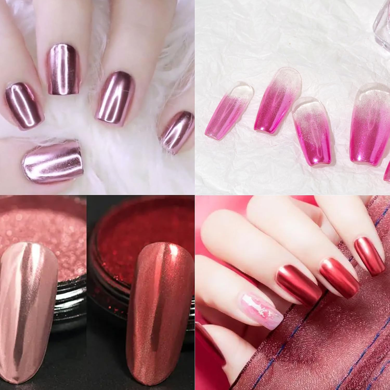 3 Jars Pink Chrome Nail Powder Kit – Metallic Mirror Effect Nail Art Powder for