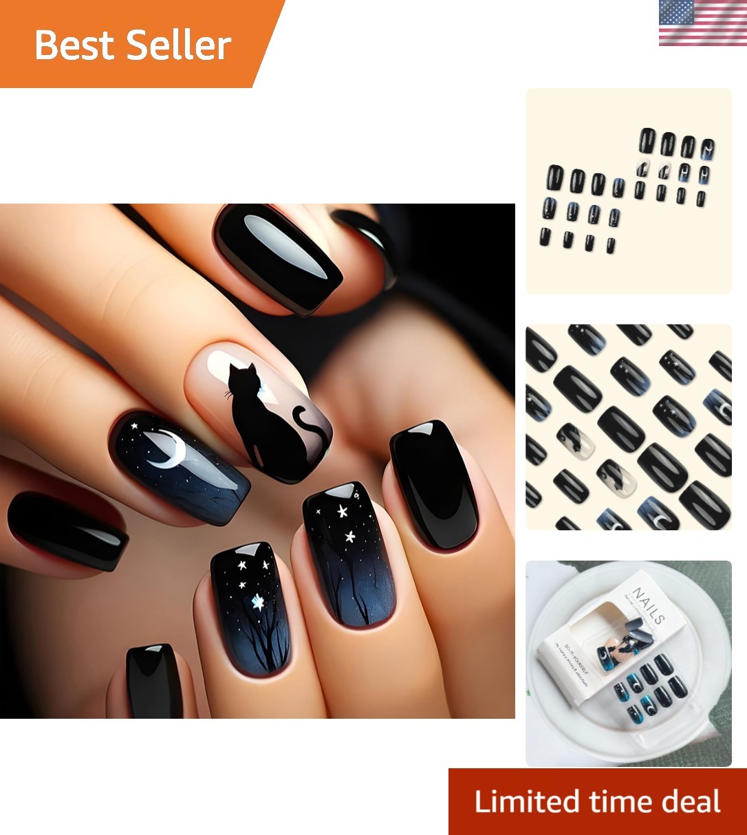 24Pcs Moon Star Glossy Black Press On Nails – Medium Length Acrylic Full Cover