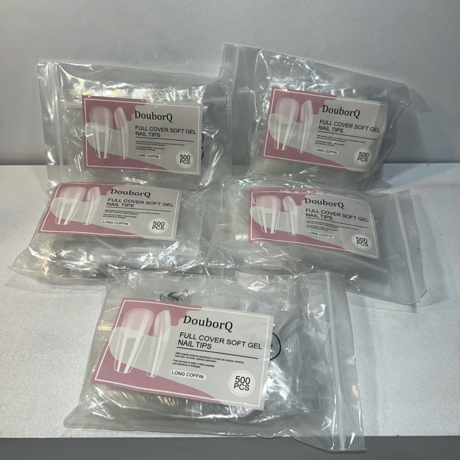 5 New Full Cover Sift Gel Nail Tips, Long Coffin, 500 Pieces Each
