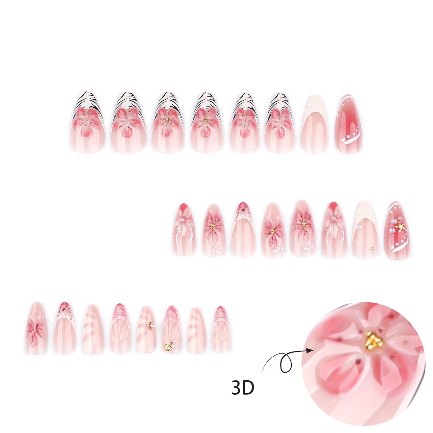 Chic 3D Flower French Tip Press-On Nails – 24 Reusable Almond Nails