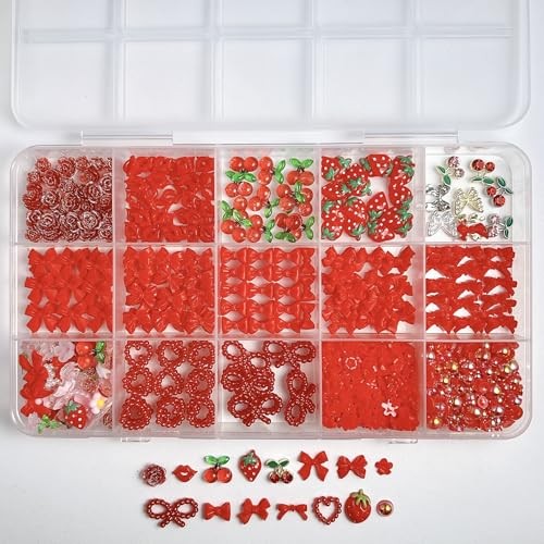 ONPRESS 15 Grids Red 3D Nails Charms Resin Fruit Nail Art Rhinestones Summer