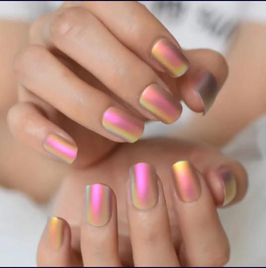 24 Desert Glow Short Matte Chrome Holographic iridescent Press on nails glue on
