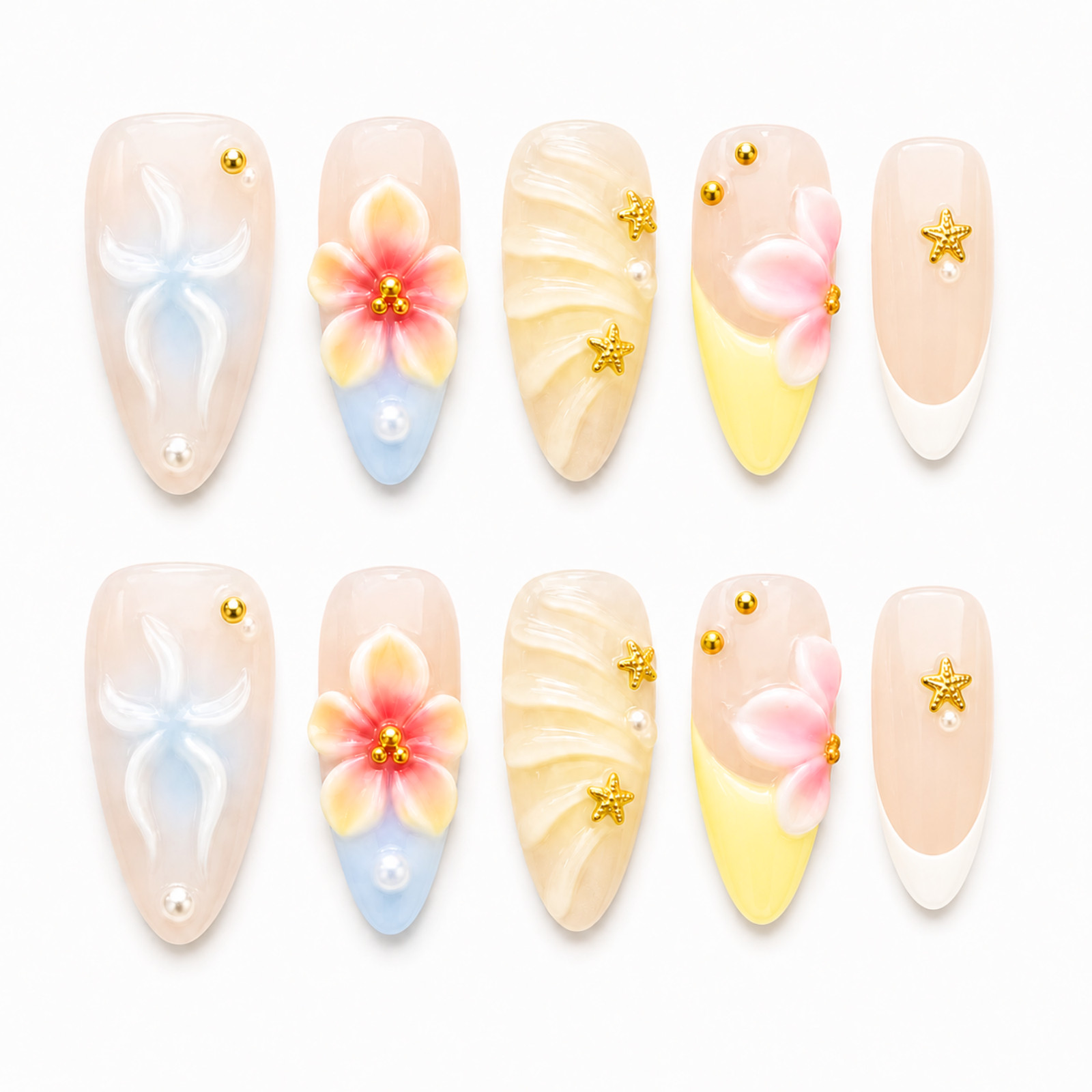 Handmade 3D Floral Press On Nails Pastel Beach Starfish Pearl Accent Set