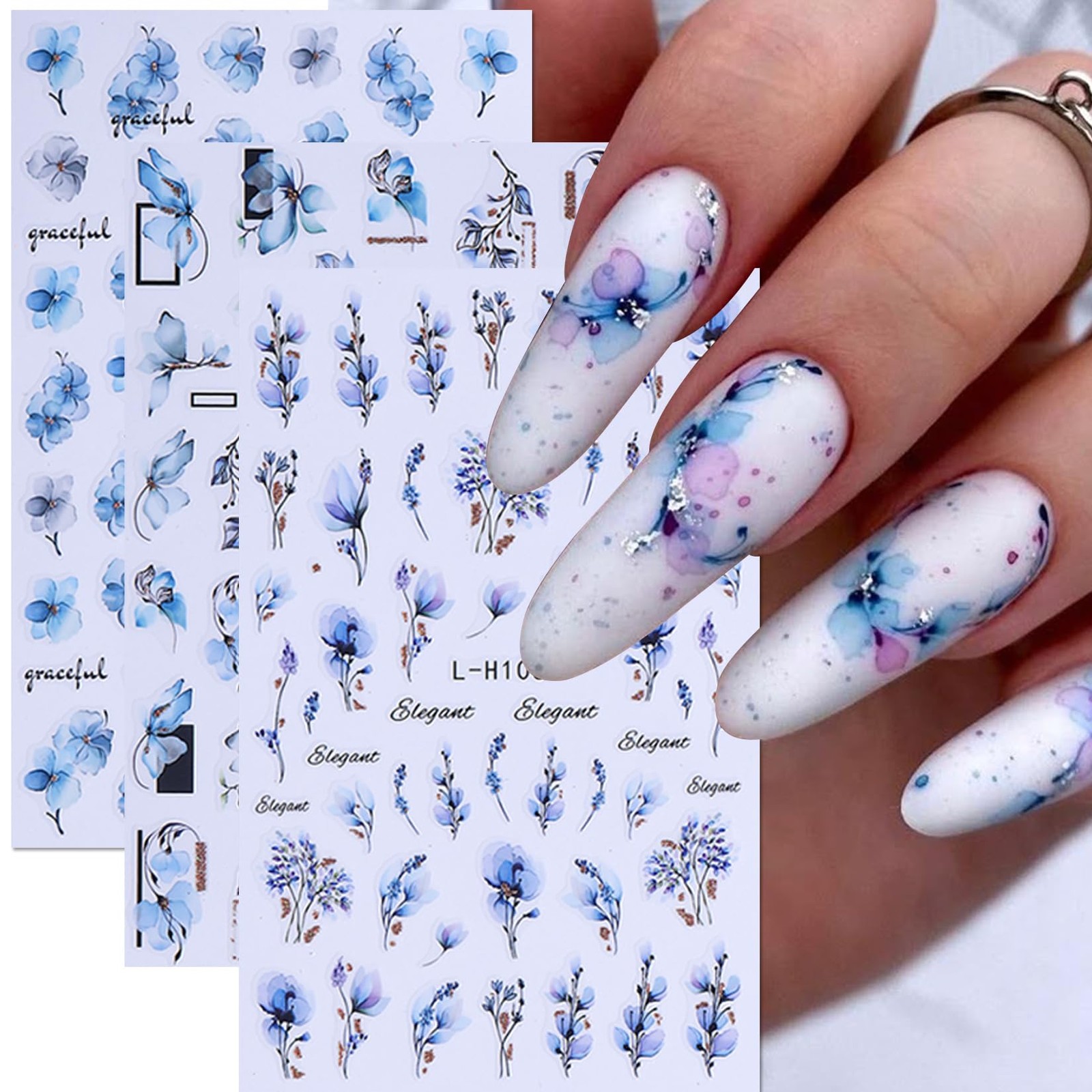 Ink Flower Nail Art Stickers 12 Sheets 3D -Adhesive Nail Decals with Tweezers…