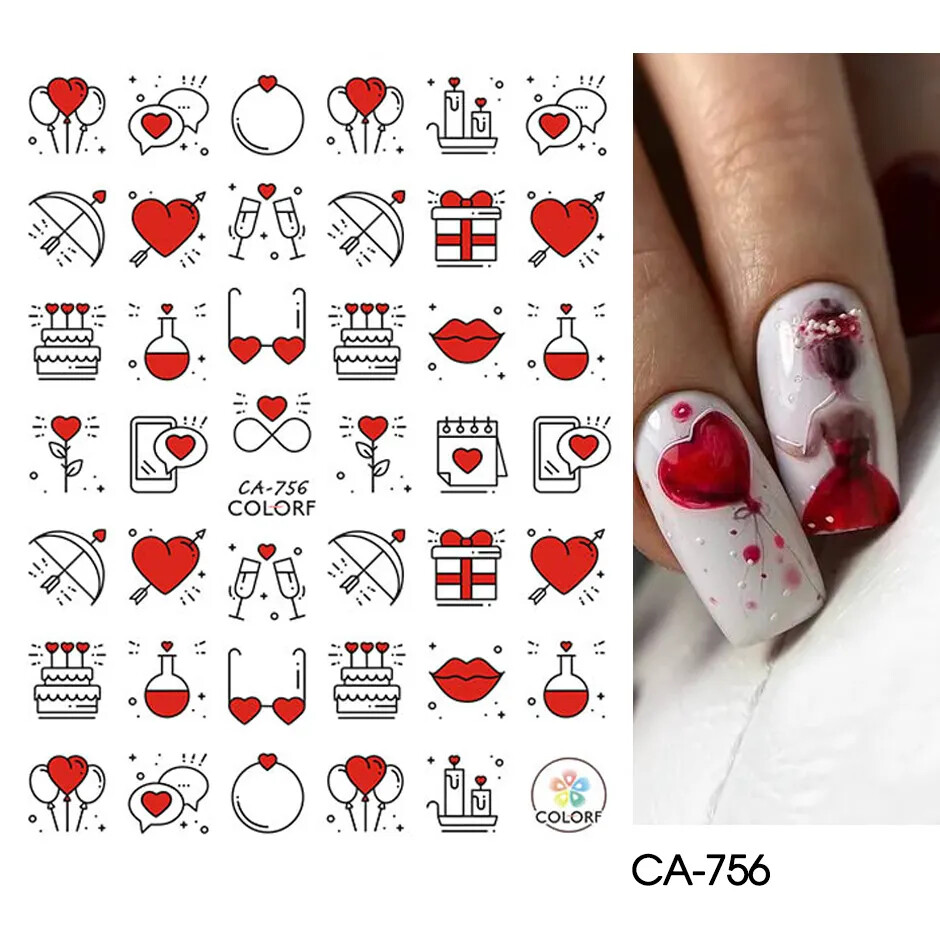 Nail Art Stickers Decals Transfers Valentines Day Pink Love Hearts Red Heart