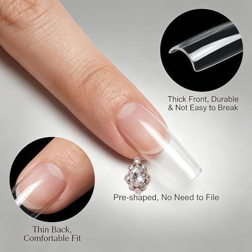 Long Square Nail Tips,240Pcs Clear Full Cover Soft Gel Nail 12 Sizes 02Clear