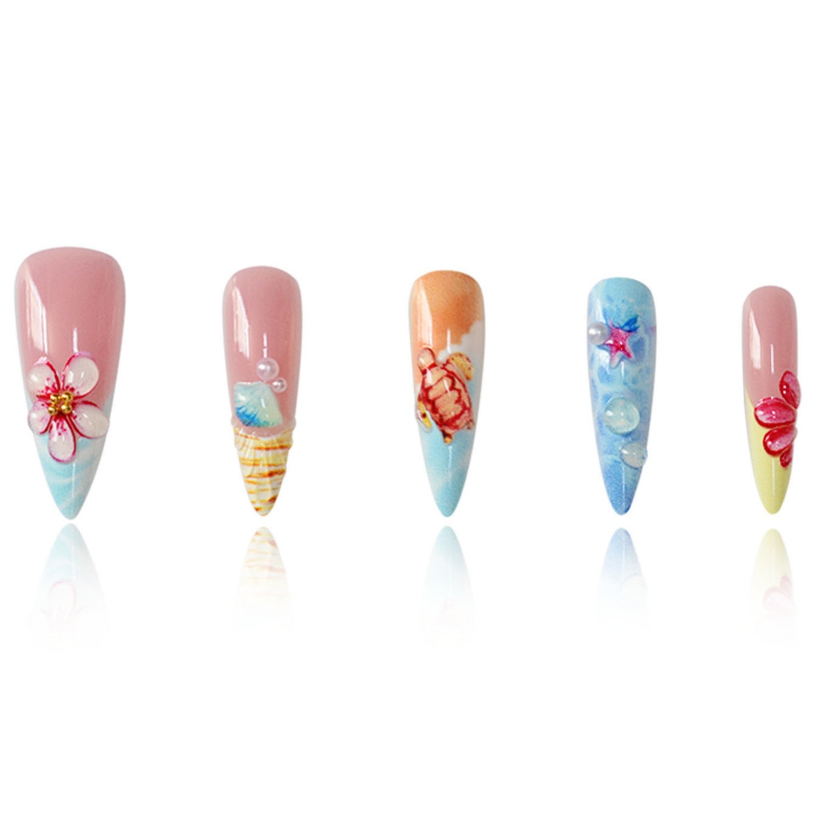3D Ocean Almond Nails with Shell Starfish Turtle Floral Decor