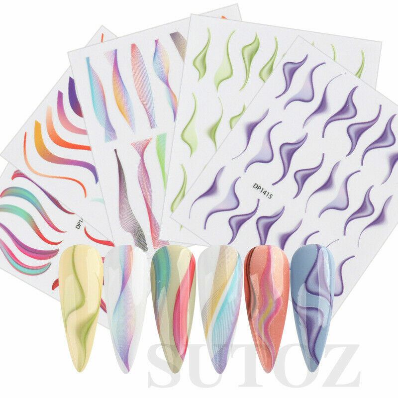 Nail Art Stickers Decal Transfer Colorful Wavy Swirls French Lines Manicure NH10