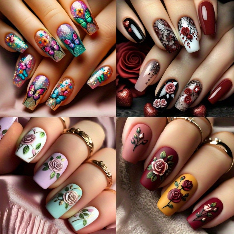 96PCS(4Pack) Rose Floral Press-On Nails Elegant Romantic Wearable Nails Art