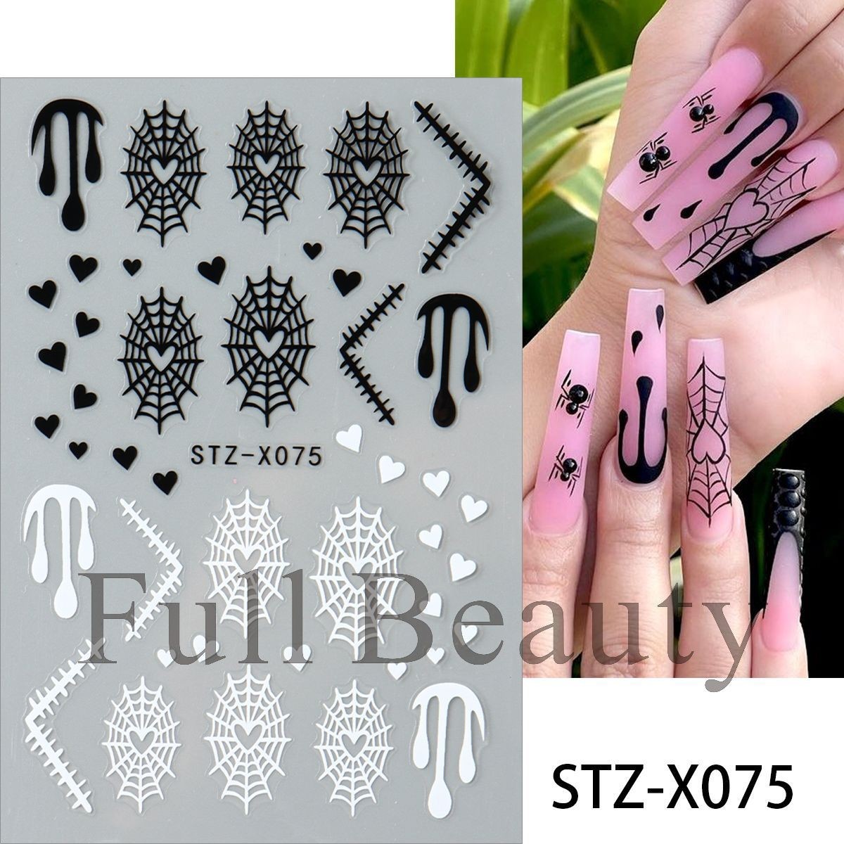Halloween Nail Art Stickers Black White Spider Web Blood Star French Decals NH30