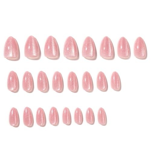 Pink Press on Nails – Short Almond Fake Nails – Glossy Cat Eye Acrylic – Style 8