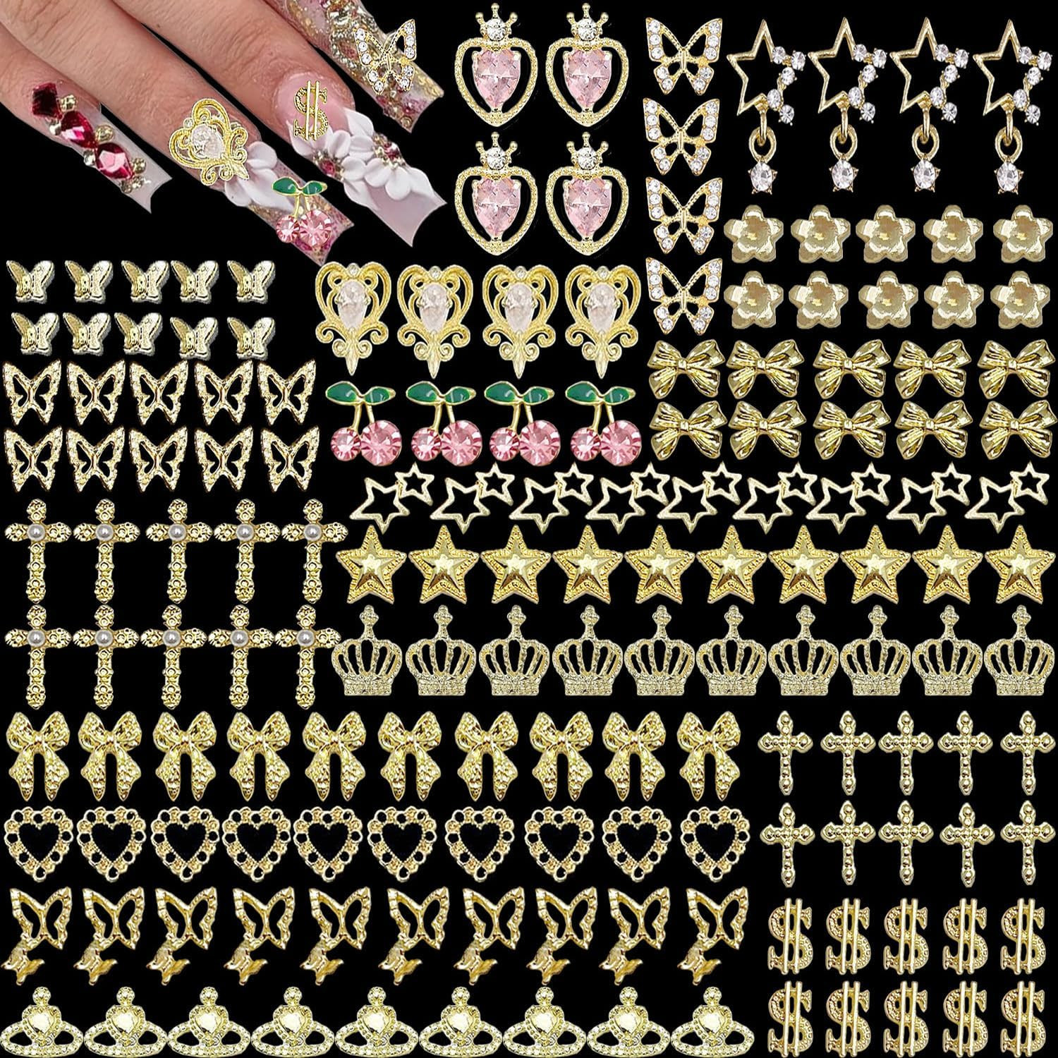 160Pcs Gold Nail Charms 3D Butterfly Cherry Heart Cross Bow Star Dollar Flowe…