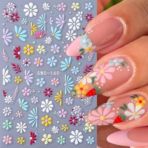Flower Nail Stickers 3D Self-Adhesive Colorful Floral Nail Art White Daisy