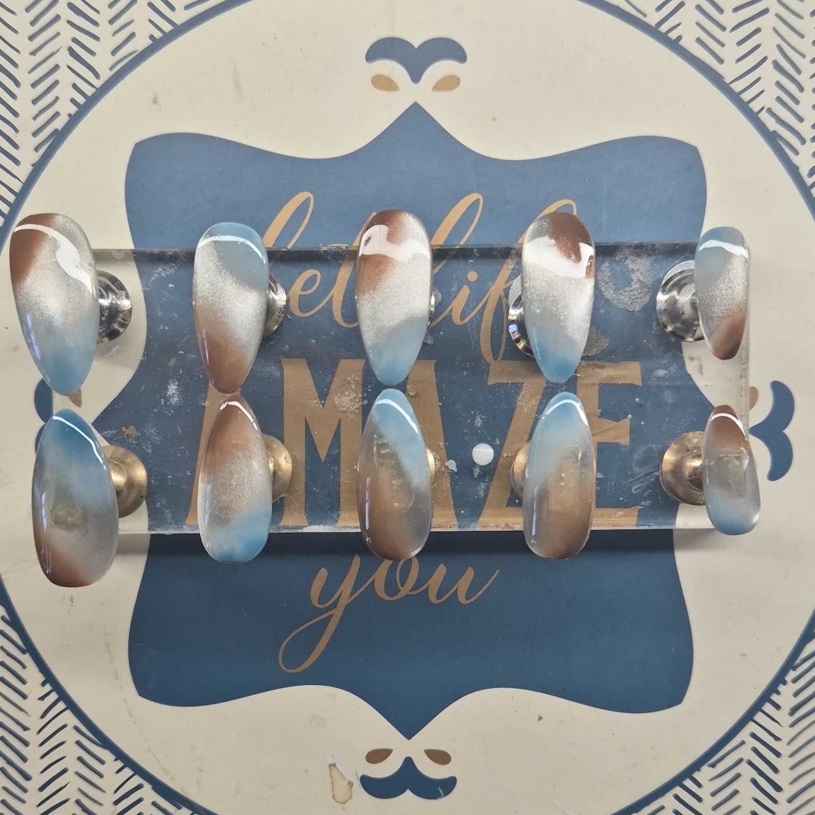 Blue Brown White Abstract Shiny Almond Press-On Nails Pre-Designed Full Cover