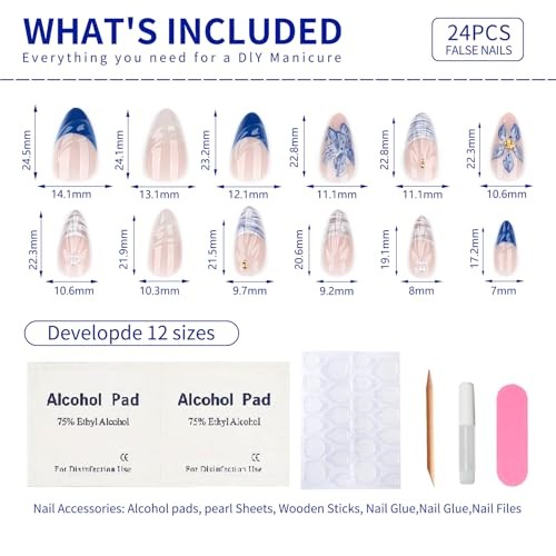 Almond Nails – 24PCS Blue and White Floral – 32 French Blue Flowers
