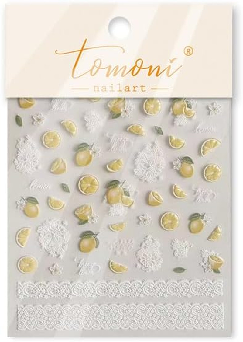 1Pcs Lemon Nail Stickers 5D Embossed Fresh Fruits Nail Decal White Lace Nail Des