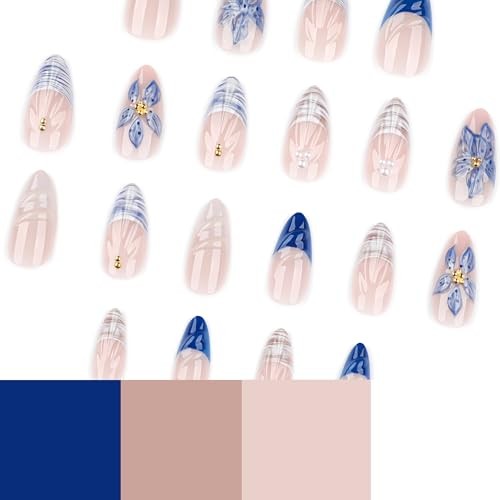 Almond Nails – 24PCS Blue and White Floral – 32 French Blue Flowers