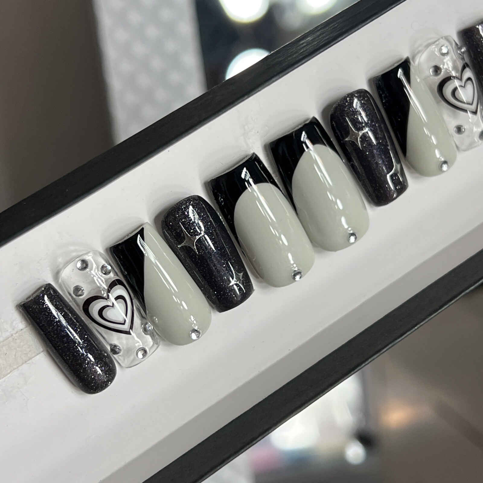 🤍 CUSTOM Hard Gel Press On Nails Black GREY HEART Bling 10p FULL SET SQUARE