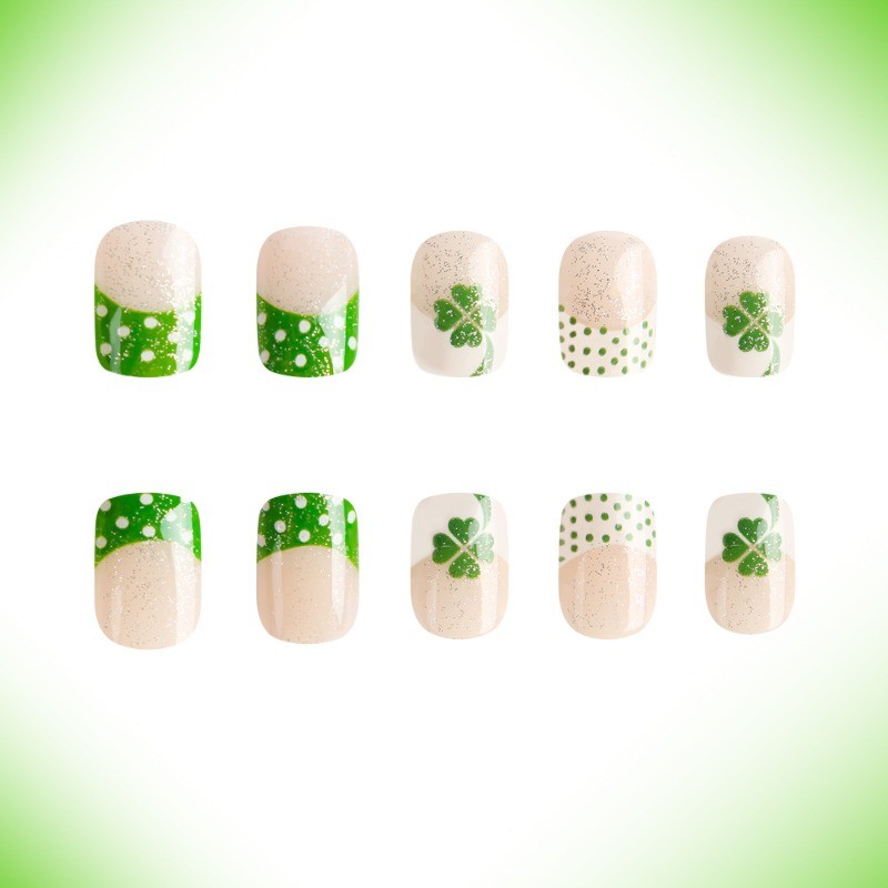 48 Pieces of Green Lucky Grass French Style Fresh and Detachable Fake Nail Art