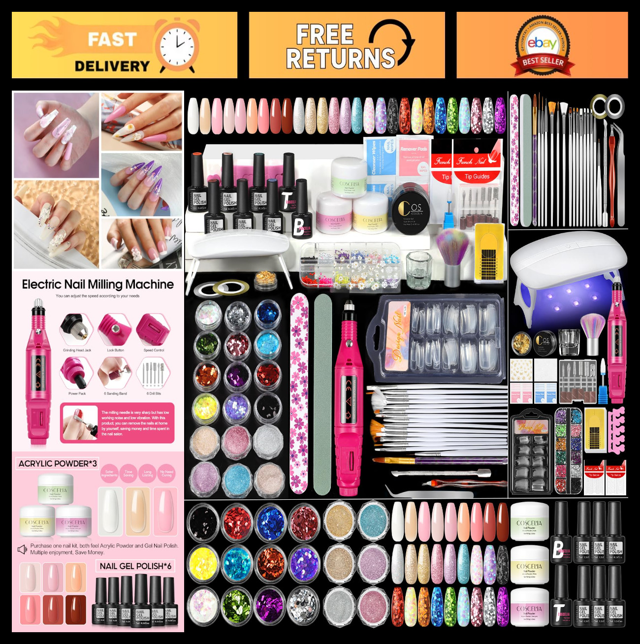 Acrylic Nail Kit for Beginners – 6pcs Powder, 18pcs Glitter, Gel Polish & Drill