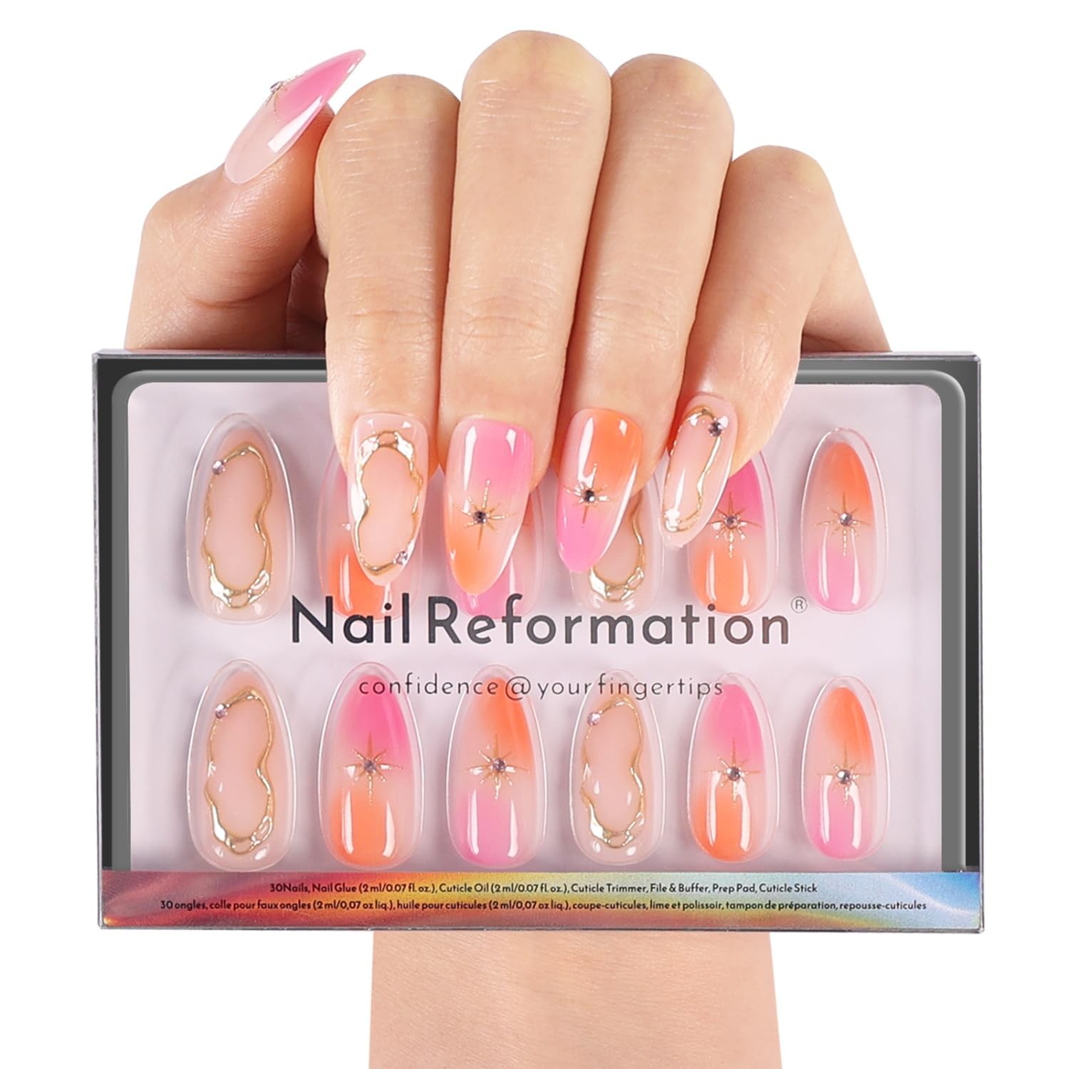 Nail Reformation Press On Nails, Pink Orange Swirl Medium Almond 30 Pcs