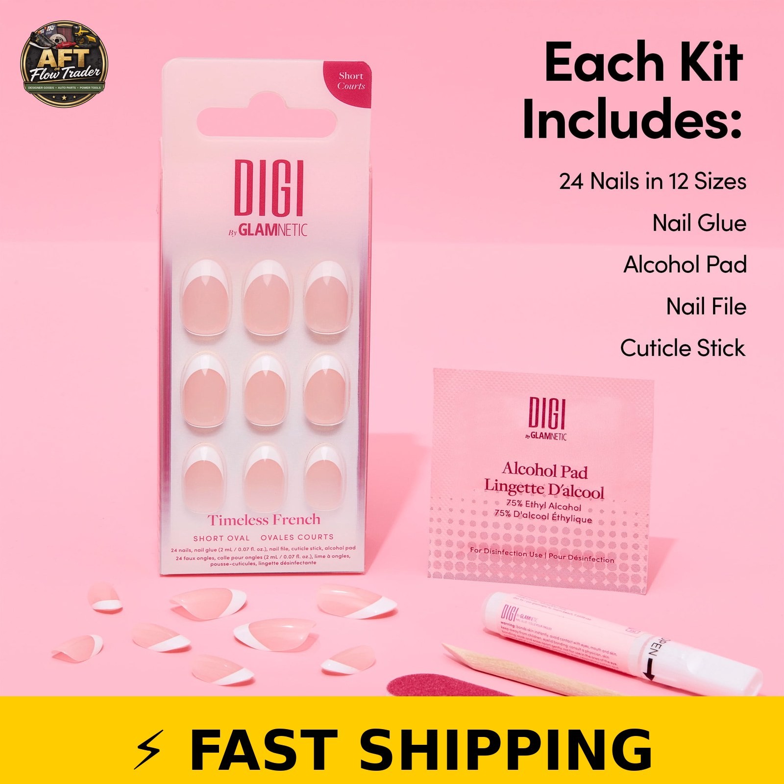 DIGI Glamnetic Short Oval Press-on Nails – Timeless French, 24 Pieces