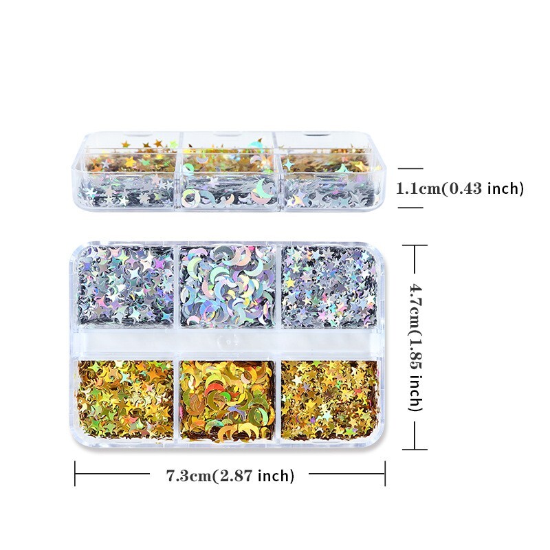 6 Grids Nail Art Sequins Glitter Star Moon Flakes Decoration Set for Nail Tips