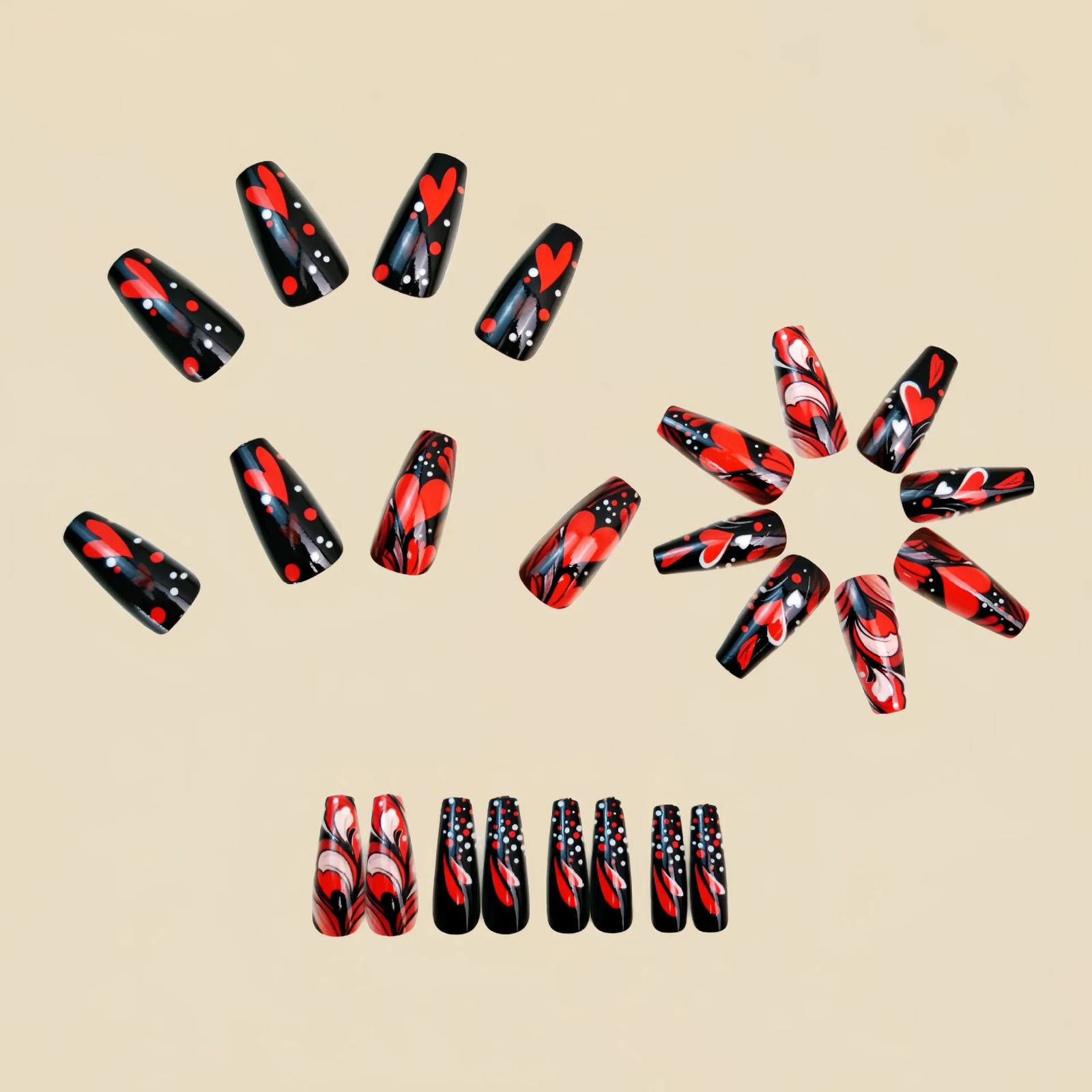 24pcs Valentine’s Day Press On Nails Gradient Red Black Cute Heart Rose French