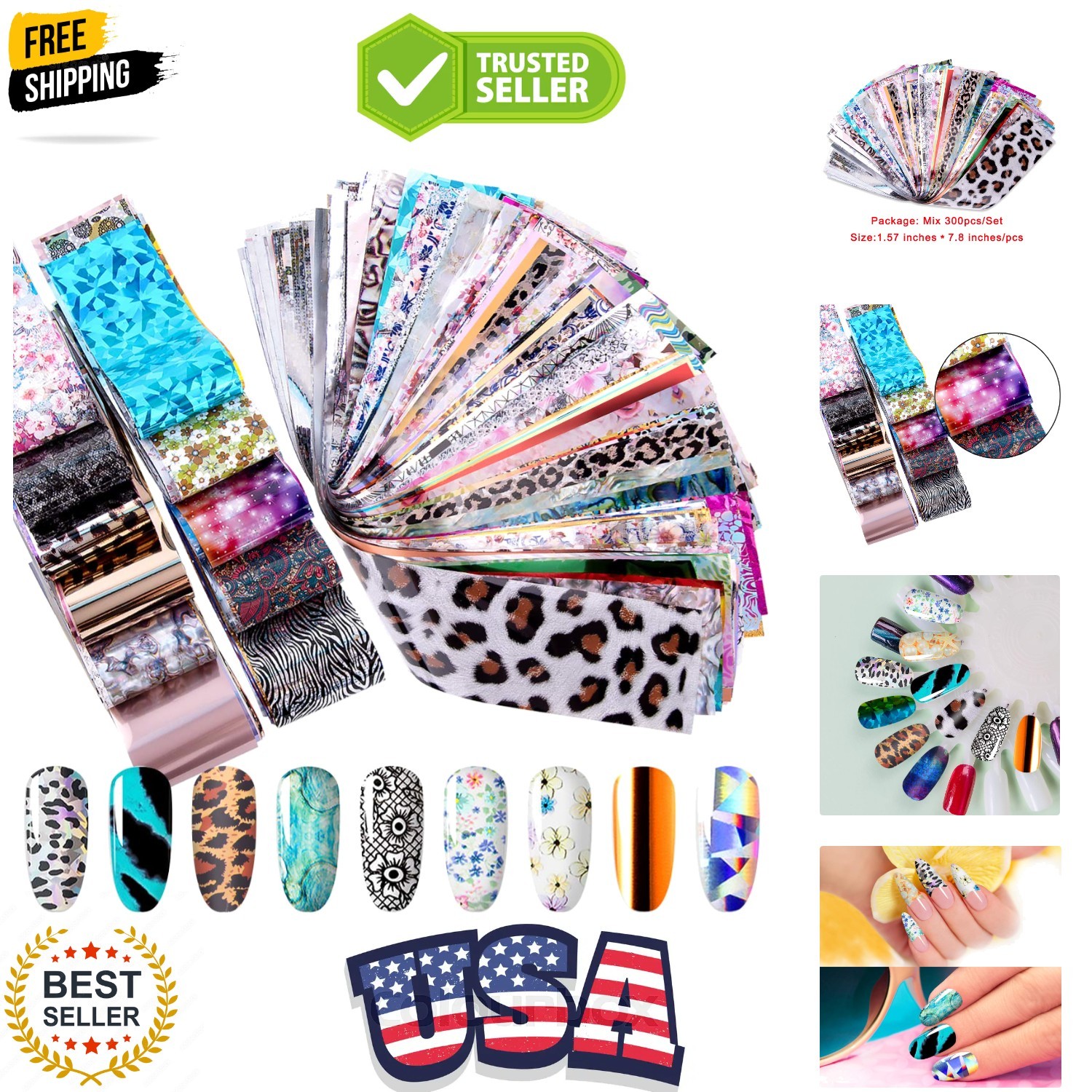 300 Sheets Nail Foils Nail Art Transfer Foil Stickers Laser Flower Color Shee…