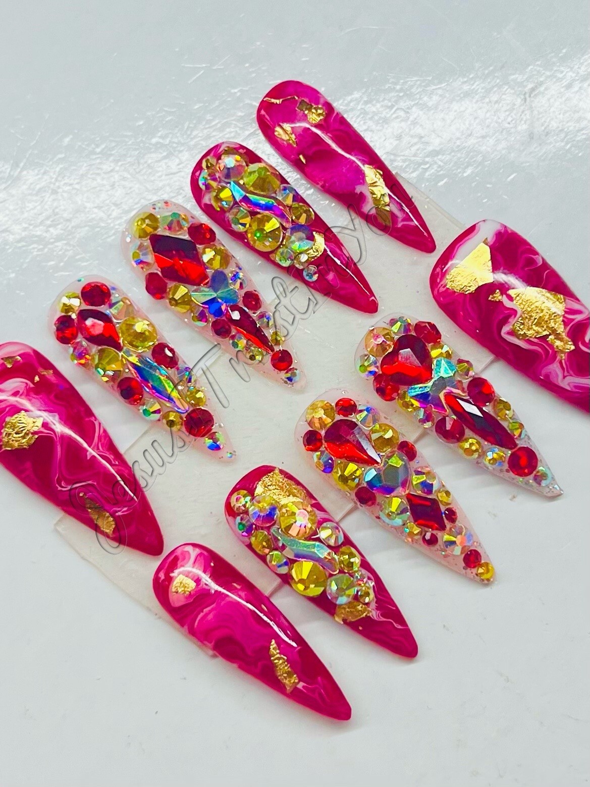 SPARKLE MARBLE- LONG STILETTO – NEW GEL PRESS ON NAILS GLUE ON NAILS MAKARTT