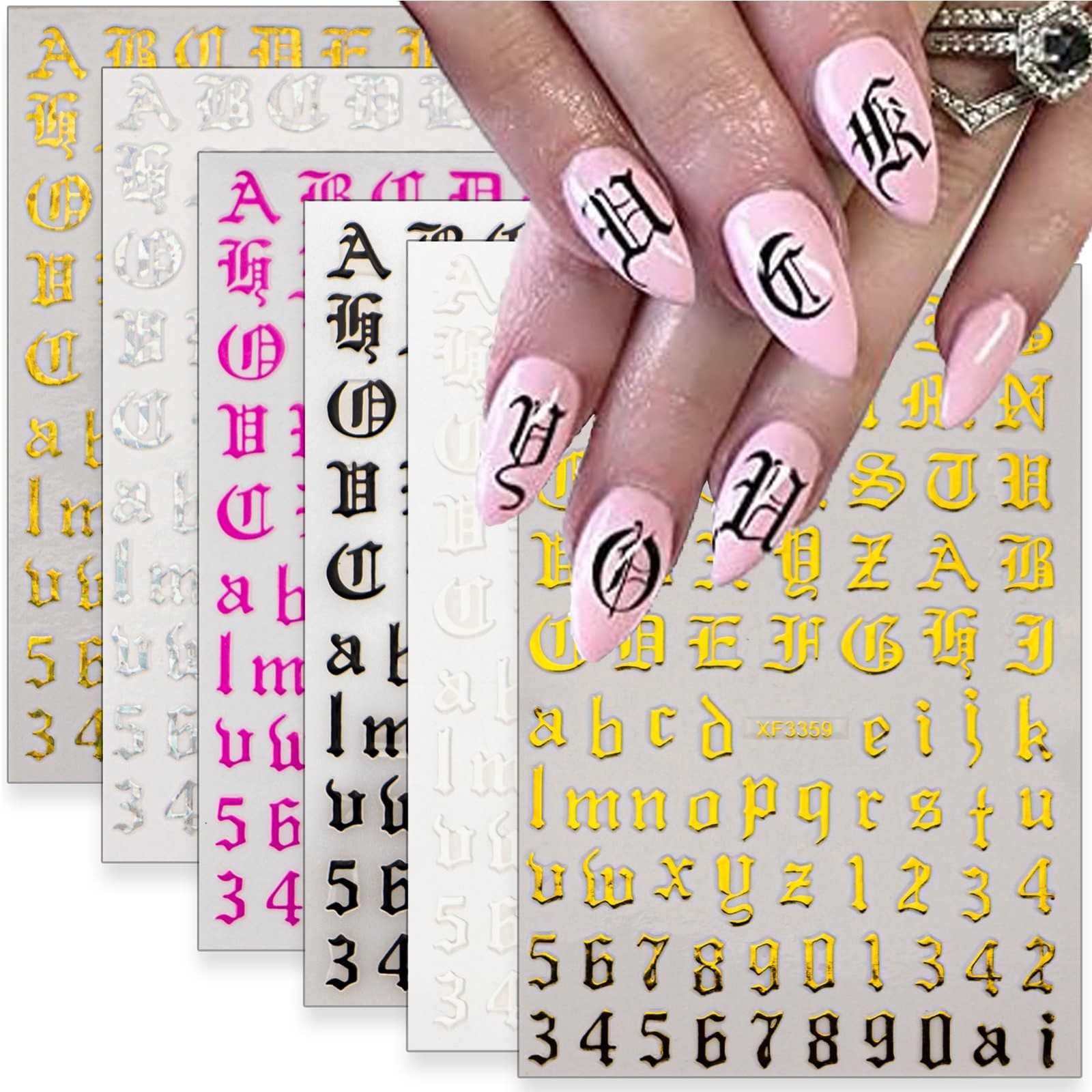 English Nail Stickers – Gold, Black, Silver, White Letter & Number Stickers f…
