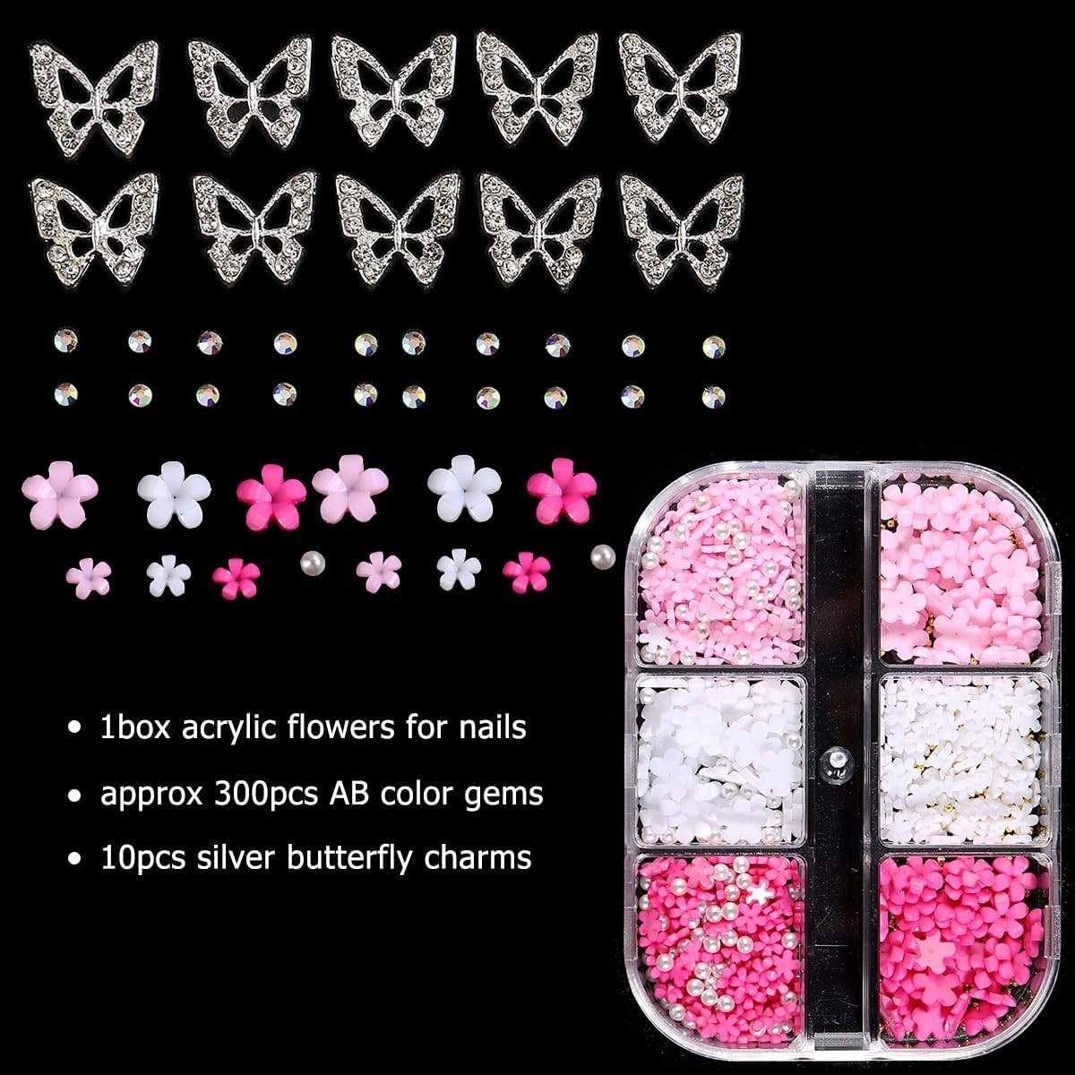 3D Flowers for Nails, Nail Charms, Metal Butterfly with Nail Gems Pink White