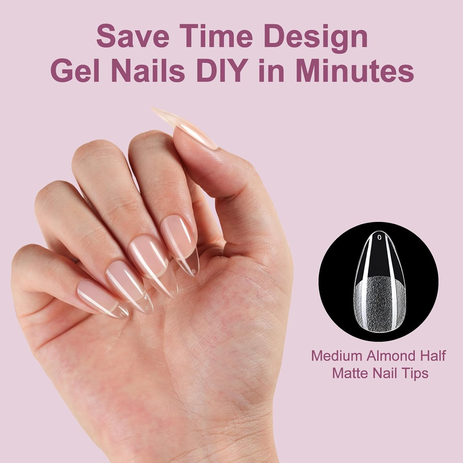 Medium Almond Gel Nail Tips Kit, 216Pcs Pre Etched Clear Fake Nails, Full Cover