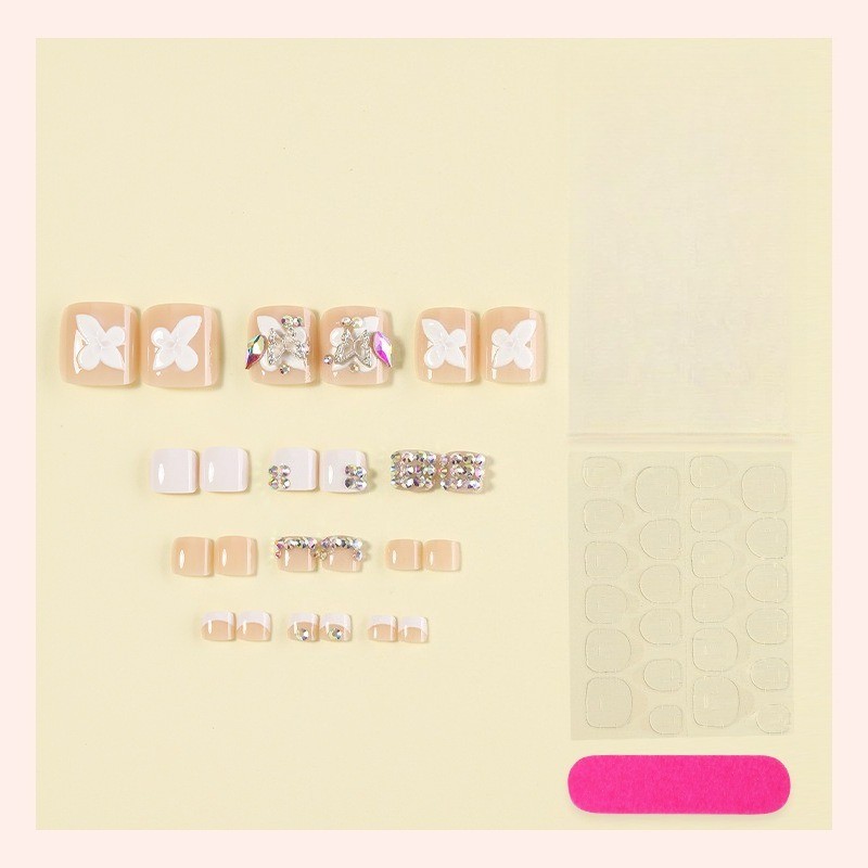 48pcs-Nude & White French Toenails, Press on Nails with Sparkle Rhinestone Trim
