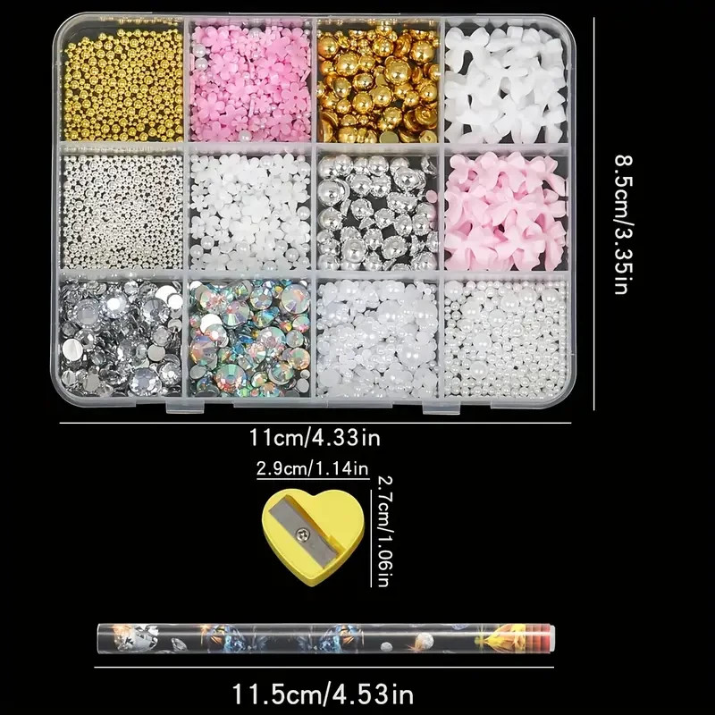 500 PC Pink/White/Red/Black/Blue Bow/Heart/Pearl/Star Finger nail gems