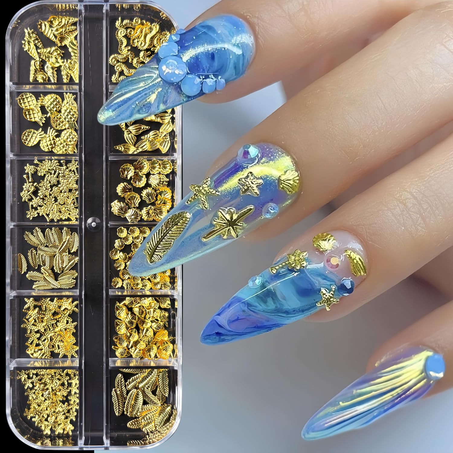 12 Grids 3D Metal Nail Art Studs Mixed Shapes Gold Shell Nail Charms Seahorse St