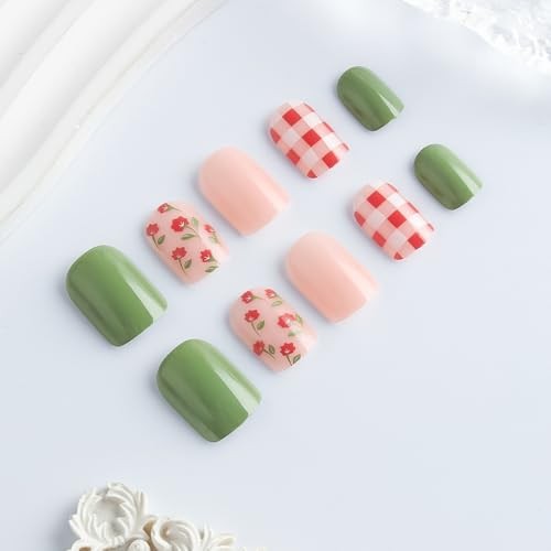 Spring Summer Short Square Press on Nails Red Flowers & Checker Design Style-31