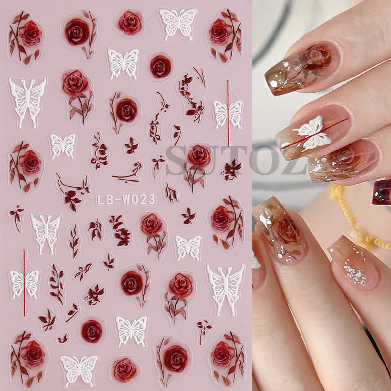 5D Embossed Nail Art Stickers Transfers Rose Flower Leaf Butterfly LBW23 NS52