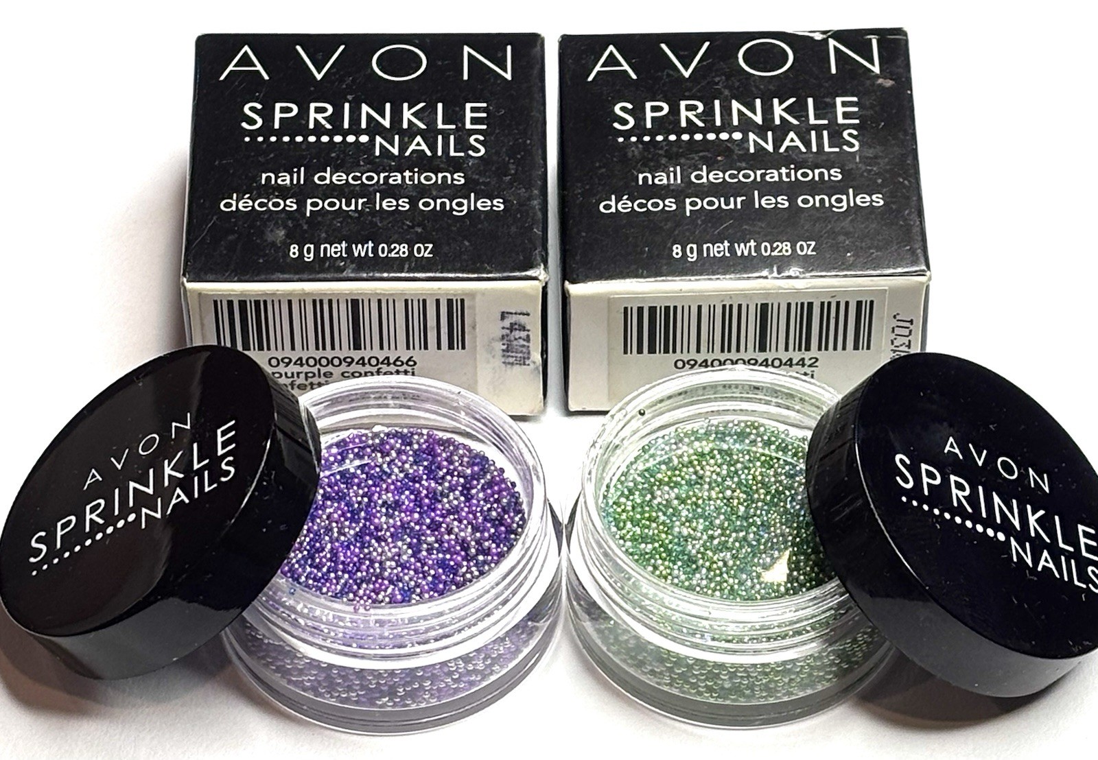 2 LOT – Avon Sprinkle Nails Decorations PURPLE & GREEN Confetti 3D Nail Art NEW!