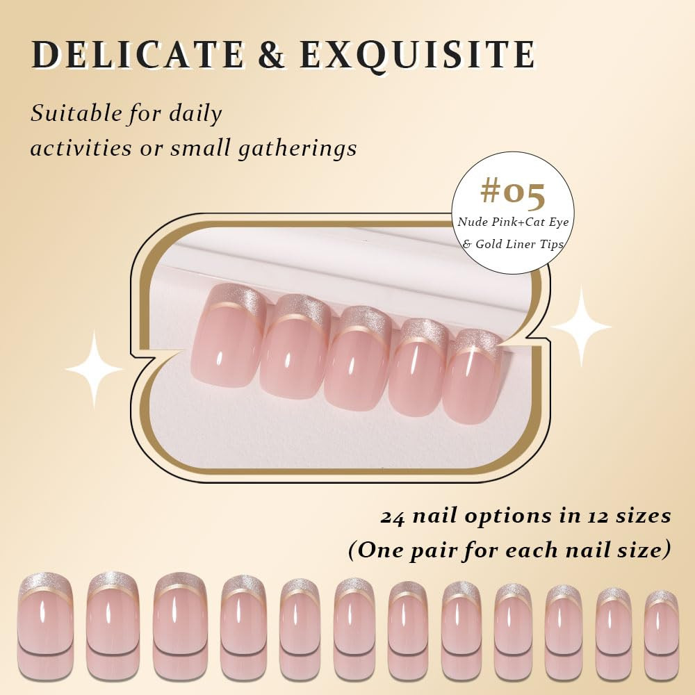 French Tip Medium Squoval (24 Count) Nude Pink + Gold Line & Cat Eye Tips