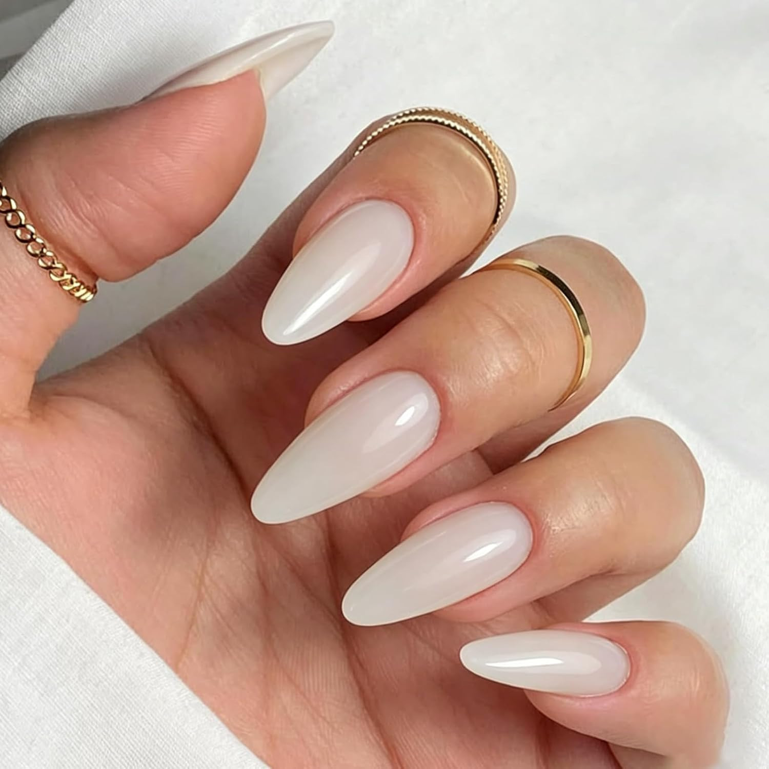 Milky White Almond Press on Nails Medium Fake Nails for Women | Glossy, Acrylic