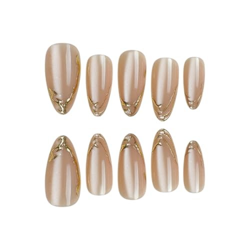 Press on Nails Almond Medium Fake Nails nude pink Sparkling Gold French Tip