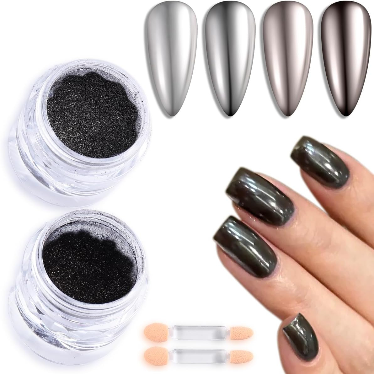 Black Chrome Nail Powder 2PCS Black Metallic Mirror Effect for Nails Extra Fine
