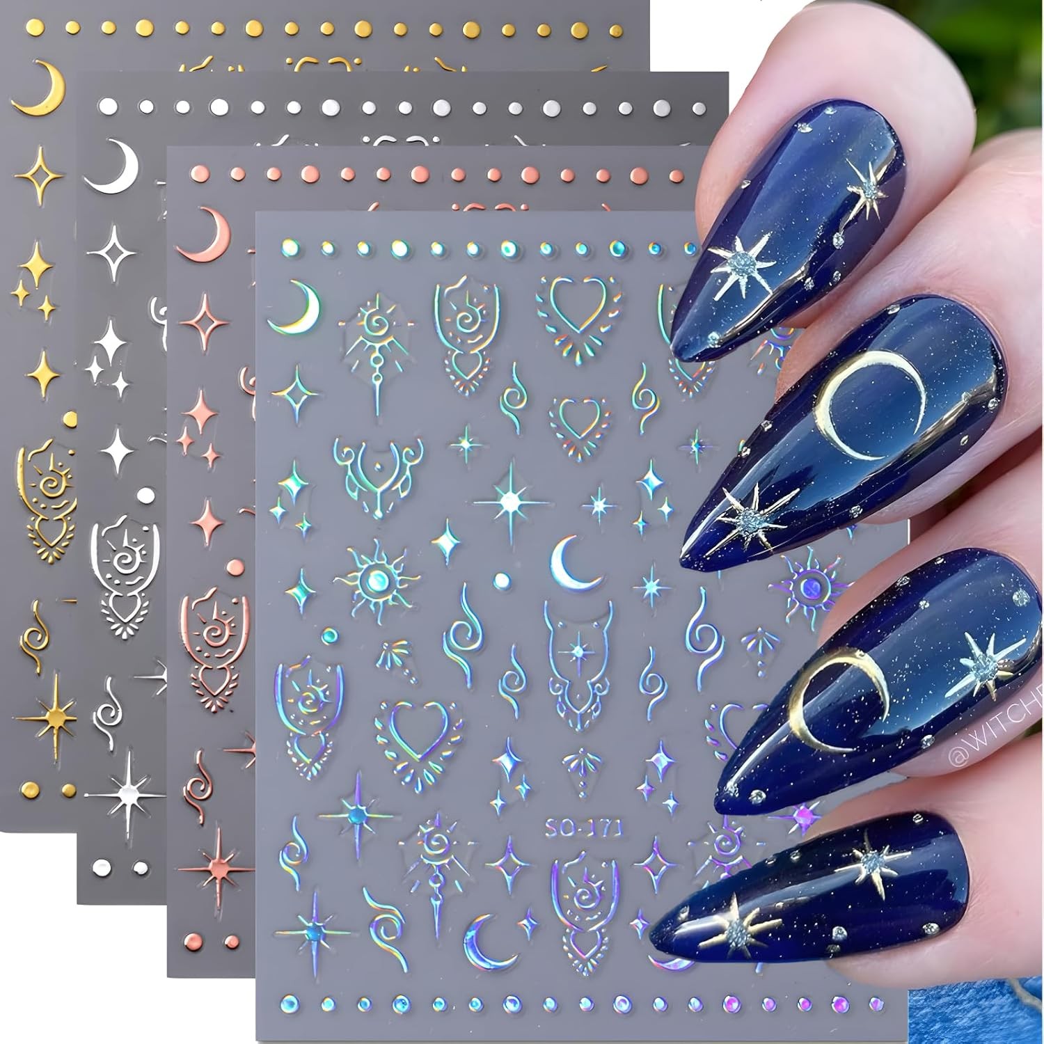 12 Sheets Star Nail Stickers for Art Gold Moon Style 3
