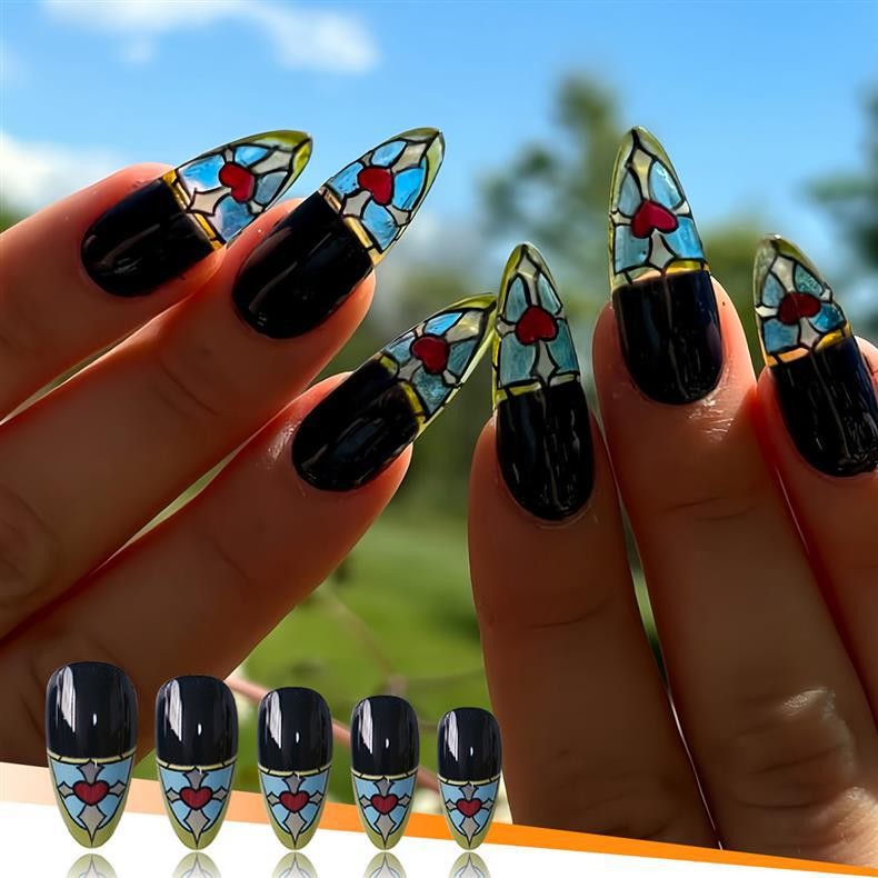 Almond Black Nails Stained Glass Heart Pattern Press On Nails Wholesale
