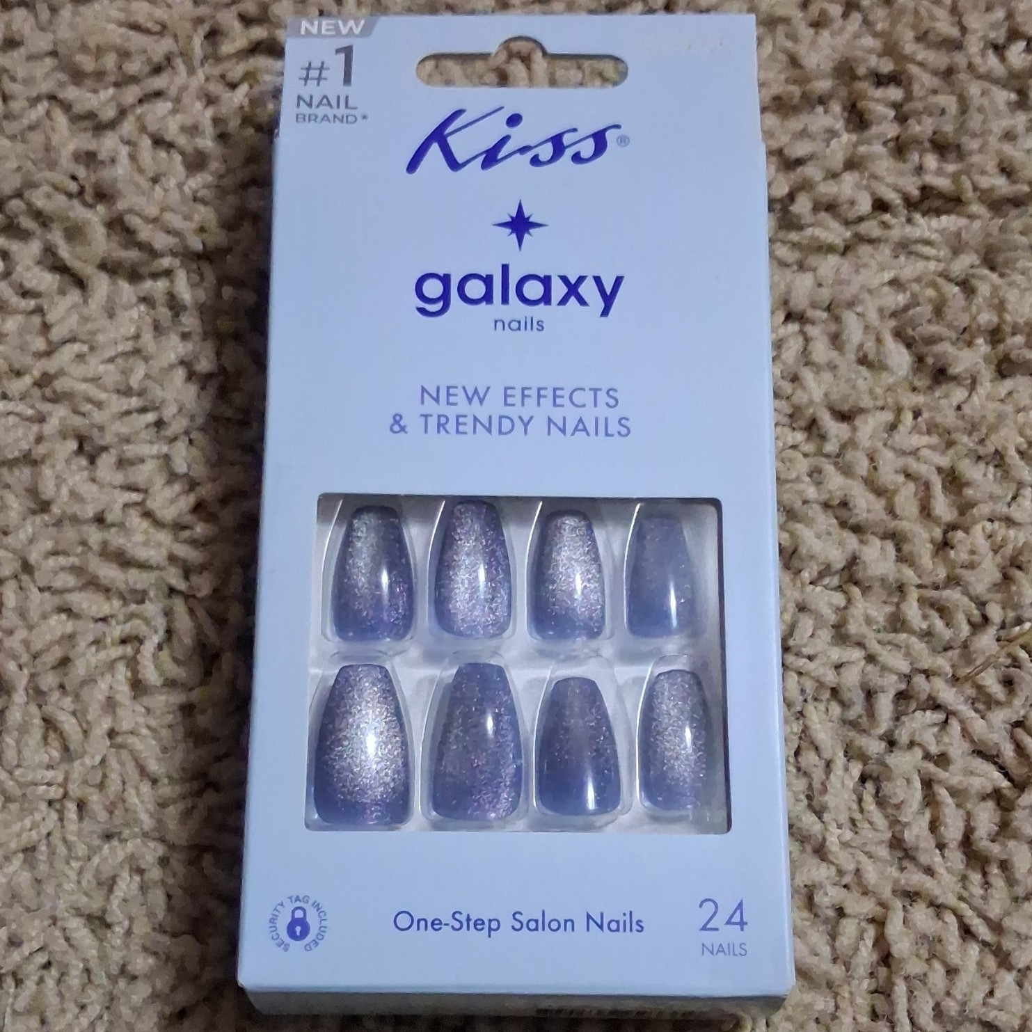 Kiss Galaxy Press-On Nails Purple Glitter Coffin Medium Full Cover 24ct