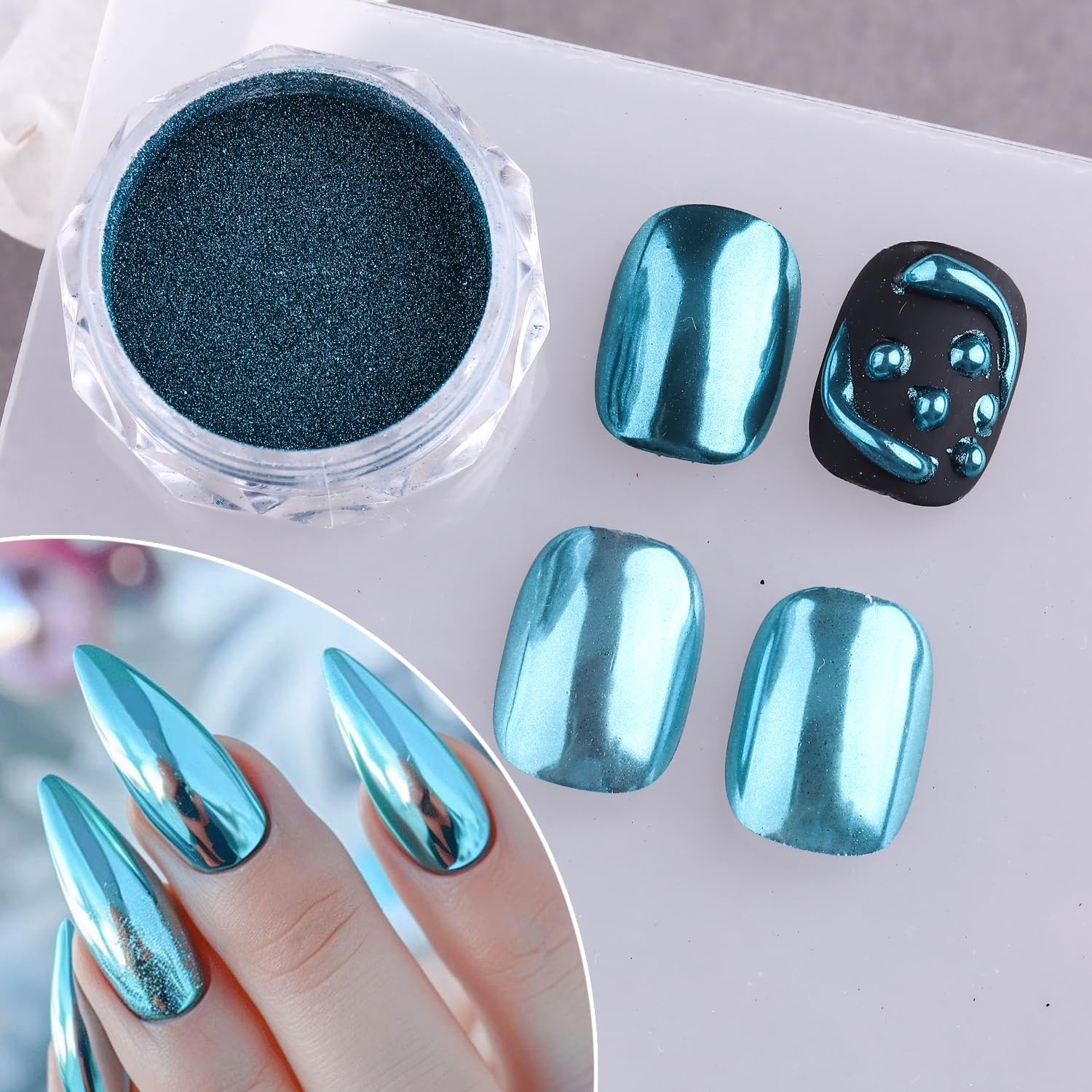 4 Colors Chrome Nail Set, Blue Silver Metallic Mirror Effect Nail Chrome Holo…