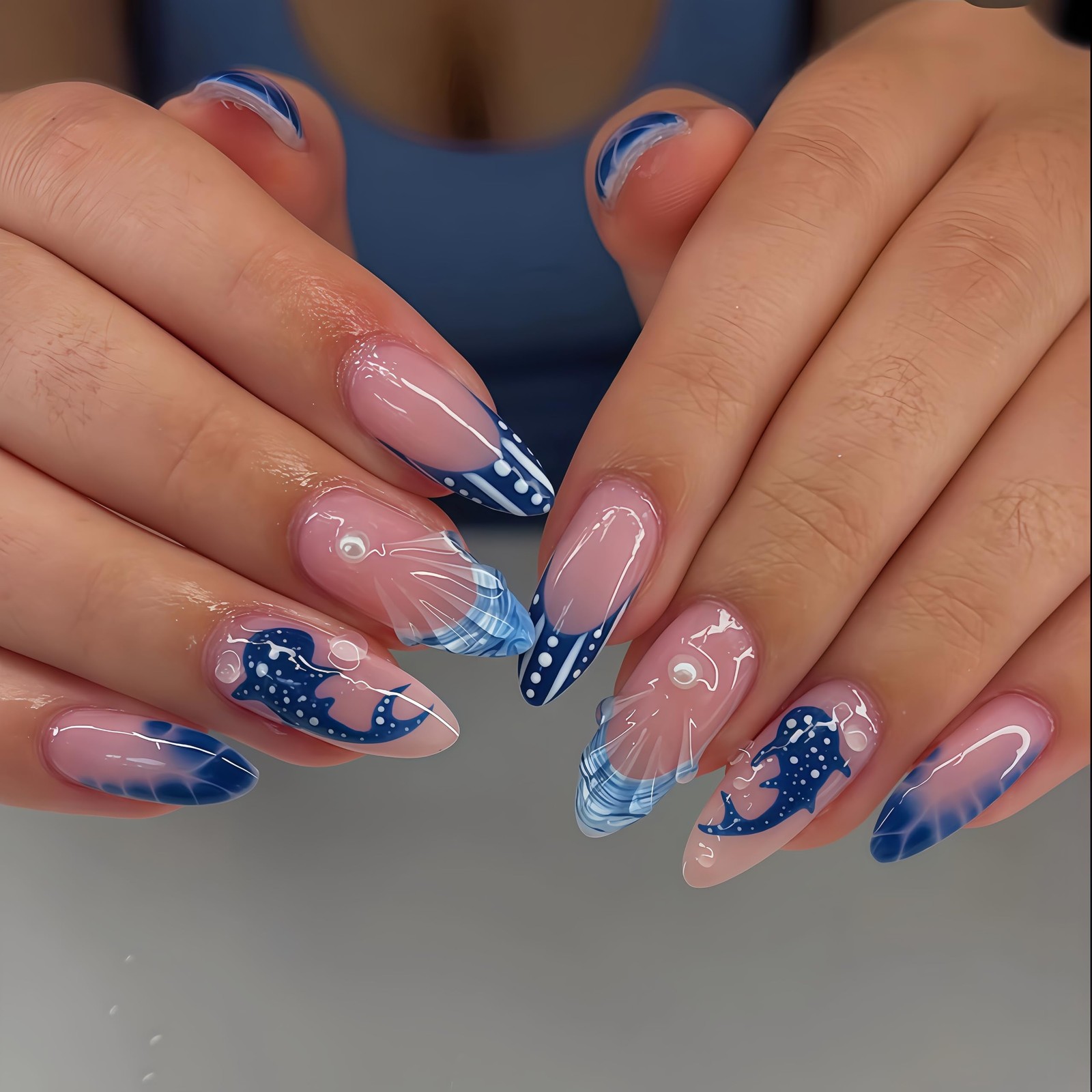 24Pcs Summer Press on Nails Medium Almond Blue French Tip Fake Nails with Oce…