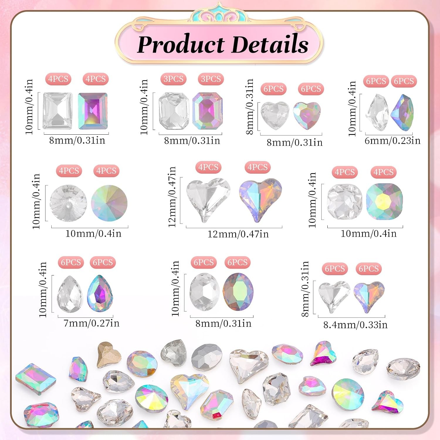 104PCS Large Clear AB Glass Nail Gems, 3D Rhinestones for Nail Art & DIY